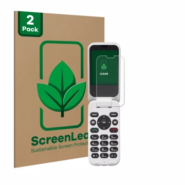 Vorderseite einer Produktverpackung mit dem Markenlogo ScreenLeaf. Daneben ist das Gerät Doro 6820 mit dem zugehörigen Display