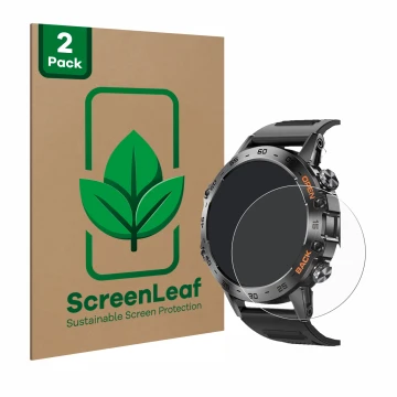 Vorderseite einer Produktverpackung mit dem Markenlogo ScreenLeaf. Daneben ist das Gerät Lemfo Smartwatch 1.39