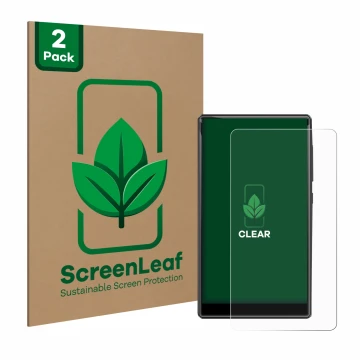 Vorderseite einer Produktverpackung mit dem Markenlogo ScreenLeaf. Daneben ist das Gerät innioasis G1-80G mit dem zugehörigen 