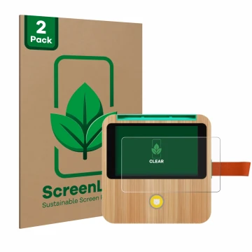 Vorderseite einer Produktverpackung mit dem Markenlogo ScreenLeaf. Daneben ist das Gerät tigerbox Touch Plus mit dem zugehörig