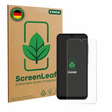 Vorderseite einer Produktverpackung mit dem Markenlogo ScreenLeaf. Daneben ist das Gerät Samsung Galaxy A25 5G mit dem zugehör
