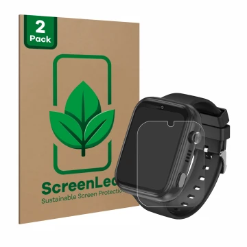 Vorderseite einer Produktverpackung mit dem Markenlogo ScreenLeaf. Daneben ist das Gerät Okyuk 4G Kids Smartwatch T45 mit dem 