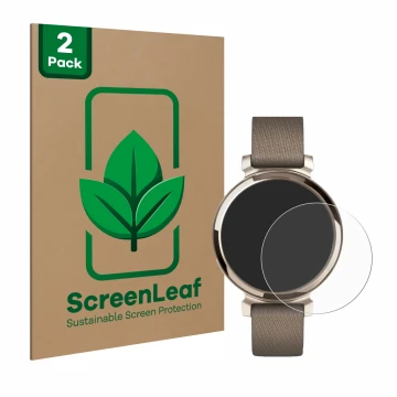 Vorderseite einer Produktverpackung mit dem Markenlogo ScreenLeaf. Daneben ist das Gerät Garmin Lily 2 mit dem zugehörigen Dis