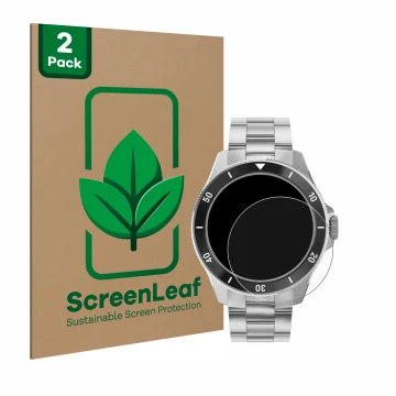 Vorderseite einer Produktverpackung mit dem Markenlogo ScreenLeaf. Daneben ist das Gerät Withings ScanWatch Nova (42 mm) mit d