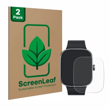 Vorderseite einer Produktverpackung mit dem Markenlogo ScreenLeaf. Daneben ist das Gerät Xiaomi Redmi Watch 4 mit dem zugehöri