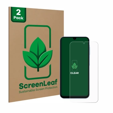 Vorderseite einer Produktverpackung mit dem Markenlogo ScreenLeaf. Daneben ist das Gerät Samsung Galaxy A15 mit dem zugehörige