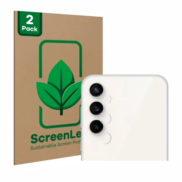 Vorderseite einer Produktverpackung mit dem Markenlogo ScreenLeaf. Daneben ist das Gerät Samsung Galaxy S23 FE (NUR Kameraschu
