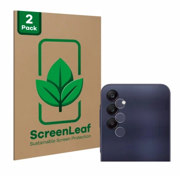 Vorderseite einer Produktverpackung mit dem Markenlogo ScreenLeaf. Daneben ist das Gerät Samsung Galaxy A25 5G (NUR Kamera) mi