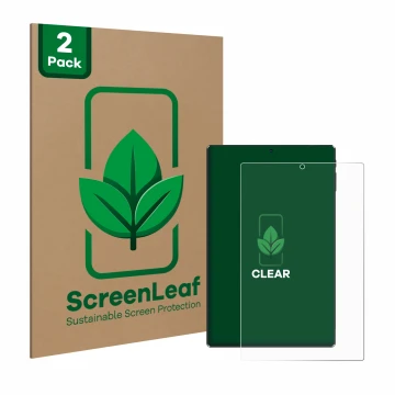 Vorderseite einer Produktverpackung mit dem Markenlogo ScreenLeaf. Daneben ist das Gerät Simplori M107 mit dem zugehörigen Dis