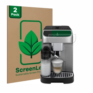 Vorderseite einer Produktverpackung mit dem Markenlogo ScreenLeaf. Daneben ist das Gerät DeLonghi Magnifica Plus mit dem zugeh