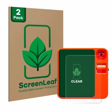 Vorderseite einer Produktverpackung mit dem Markenlogo ScreenLeaf. Daneben ist das Gerät rabbit r1 mit dem zugehörigen Display