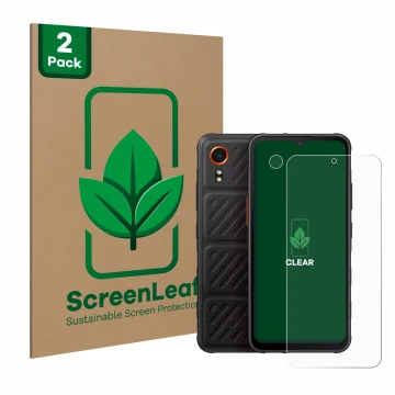 Vorderseite einer Produktverpackung mit dem Markenlogo ScreenLeaf. Daneben ist das Gerät Samsung Galaxy XCover 7 (Display+Kame