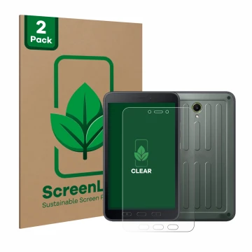 Vorderseite einer Produktverpackung mit dem Markenlogo ScreenLeaf. Daneben ist das Gerät Samsung Galaxy Tab Active 5 (Hochform