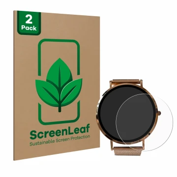 Vorderseite einer Produktverpackung mit dem Markenlogo ScreenLeaf. Daneben ist das Gerät Micento California Smartwatch mit dem