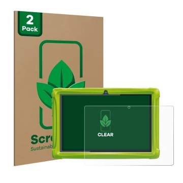 Vorderseite einer Produktverpackung mit dem Markenlogo ScreenLeaf. Daneben ist das Gerät Clementoni Clempad 10 mit dem zugehör