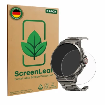 Vorderseite einer Produktverpackung mit dem Markenlogo ScreenLeaf. Daneben ist das Gerät Tesofit Smartwatch 1.85