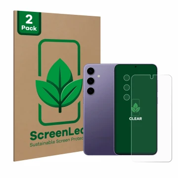 Vorderseite einer Produktverpackung mit dem Markenlogo ScreenLeaf. Daneben ist das Gerät Samsung Galaxy S24 (Display+Kamera) m