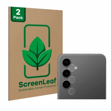 Vorderseite einer Produktverpackung mit dem Markenlogo ScreenLeaf. Daneben ist das Gerät Samsung Galaxy S24 Plus (NUR Kamerasc