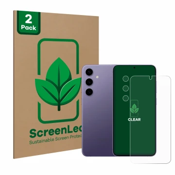Vorderseite einer Produktverpackung mit dem Markenlogo ScreenLeaf. Daneben ist das Gerät Samsung Galaxy S24 Plus (Display+Kame