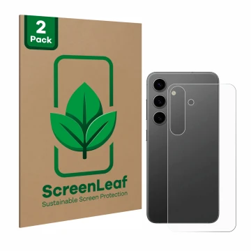 Vorderseite einer Produktverpackung mit dem Markenlogo ScreenLeaf. Daneben ist das Gerät Samsung Galaxy S24 Plus (Rückseite) m