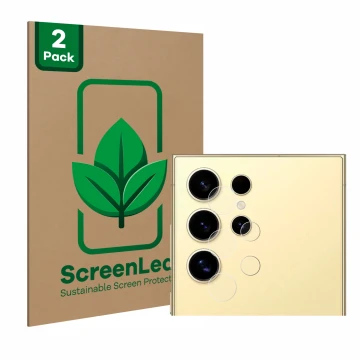 Vorderseite einer Produktverpackung mit dem Markenlogo ScreenLeaf. Daneben ist das Gerät Samsung Galaxy S24 Ultra (NUR Kameras