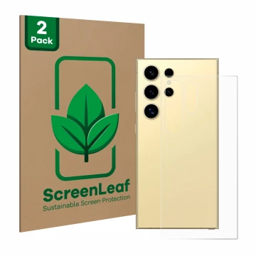 Vorderseite einer Produktverpackung mit dem Markenlogo ScreenLeaf. Daneben ist das Gerät Samsung Galaxy S24 Ultra (Rückseite) 
