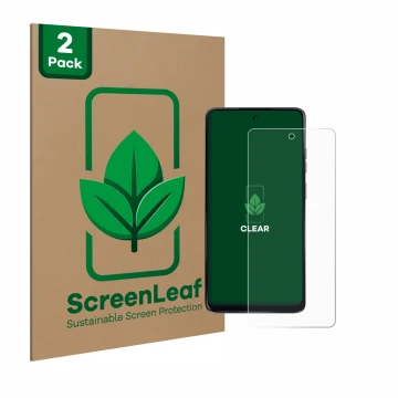 Vorderseite einer Produktverpackung mit dem Markenlogo ScreenLeaf. Daneben ist das Gerät Motorola Moto G24 mit dem zugehörigen
