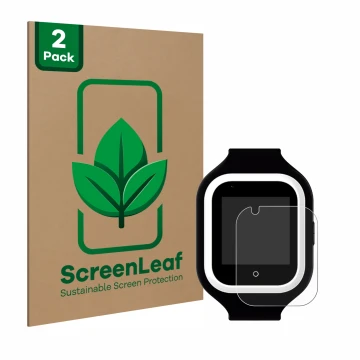 Vorderseite einer Produktverpackung mit dem Markenlogo ScreenLeaf. Daneben ist das Gerät SaveFamily Iconic Plus 4G mit dem zug