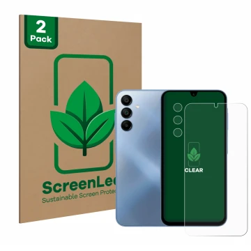 Vorderseite einer Produktverpackung mit dem Markenlogo ScreenLeaf. Daneben ist das Gerät Samsung Galaxy A15 (Display+Kamera) m