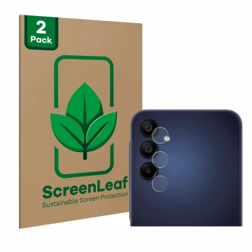 Vorderseite einer Produktverpackung mit dem Markenlogo ScreenLeaf. Daneben ist das Gerät Samsung Galaxy A15 5G (NUR Kameraschu