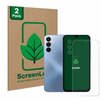 Vorderseite einer Produktverpackung mit dem Markenlogo ScreenLeaf. Daneben ist das Gerät Samsung Galaxy A15 5G (Display+Kamera