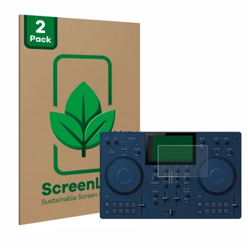 Vorderseite einer Produktverpackung mit dem Markenlogo ScreenLeaf. Daneben ist das Gerät AlphaTheta OMNIS-Duo mit dem zugehöri