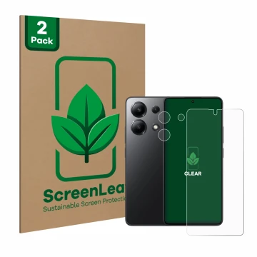 Vorderseite einer Produktverpackung mit dem Markenlogo ScreenLeaf. Daneben ist das Gerät Xiaomi Redmi Note 13 (Display+Kamera)