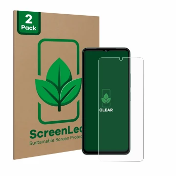 Vorderseite einer Produktverpackung mit dem Markenlogo ScreenLeaf. Daneben ist das Gerät Xiaomi Redmi A3 mit dem zugehörigen D