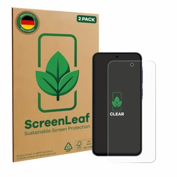 Vorderseite einer Produktverpackung mit dem Markenlogo ScreenLeaf. Daneben ist das Gerät Samsung Galaxy A55 5G mit dem zugehör