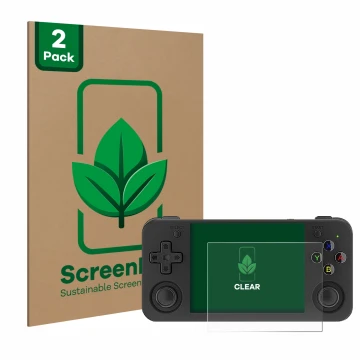 Vorderseite einer Produktverpackung mit dem Markenlogo ScreenLeaf. Daneben ist das Gerät Anbernic RG35XX H mit dem zugehörigen