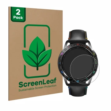 Vorderseite einer Produktverpackung mit dem Markenlogo ScreenLeaf. Daneben ist das Gerät Xiaomi Watch S3 mit dem zugehörigen D