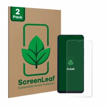 Vorderseite einer Produktverpackung mit dem Markenlogo ScreenLeaf. Daneben ist das Gerät Blackview Color 8 mit dem zugehörigen