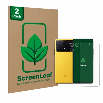 Vorderseite einer Produktverpackung mit dem Markenlogo ScreenLeaf. Daneben ist das Gerät Xiaomi Poco X6 Pro (Display+Kamera) m