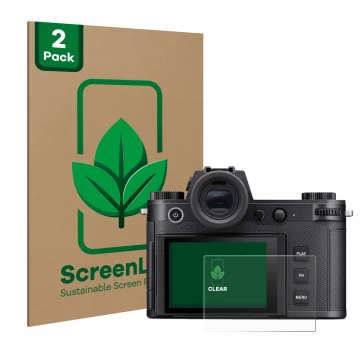 Vorderseite einer Produktverpackung mit dem Markenlogo ScreenLeaf. Daneben ist das Gerät Leica SL3 mit dem zugehörigen Display
