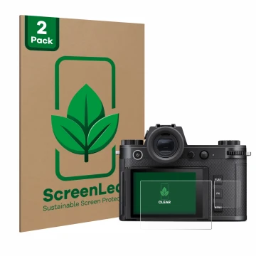 Vorderseite einer Produktverpackung mit dem Markenlogo ScreenLeaf. Daneben ist das Gerät Leica SL3 (Display + Schulterdisplay)