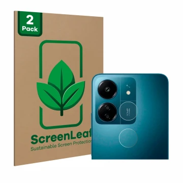 Vorderseite einer Produktverpackung mit dem Markenlogo ScreenLeaf. Daneben ist das Gerät Xiaomi Redmi 13C (NUR Kameraschutz) m