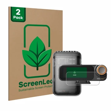 Vorderseite einer Produktverpackung mit dem Markenlogo ScreenLeaf. Daneben ist das Gerät DJI Mic 2 (Receiver) mit dem zugehöri