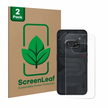 Vorderseite einer Produktverpackung mit dem Markenlogo ScreenLeaf. Daneben ist das Gerät Nothing Phone (2a) (Rückseite) mit de