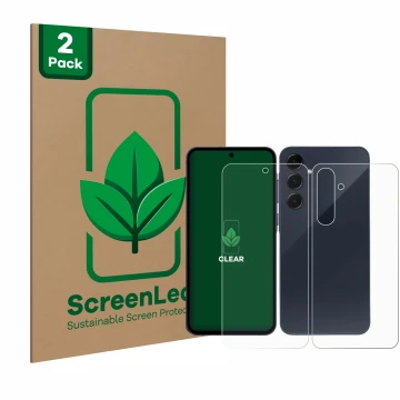 Vorderseite einer Produktverpackung mit dem Markenlogo ScreenLeaf. Daneben ist das Gerät Samsung Galaxy A55 5G (Display+Rückse