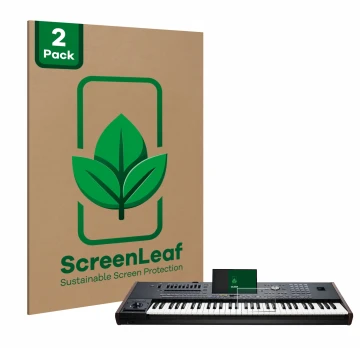 Vorderseite einer Produktverpackung mit dem Markenlogo ScreenLeaf. Daneben ist das Gerät KORG Pa5X mit dem zugehörigen Display