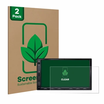 Vorderseite einer Produktverpackung mit dem Markenlogo ScreenLeaf. Daneben ist das Gerät Atoto F7 WE mit dem zugehörigen Displ