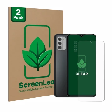 Vorderseite einer Produktverpackung mit dem Markenlogo ScreenLeaf. Daneben ist das Gerät Nokia G42 5G (Display+Kamera) mit dem