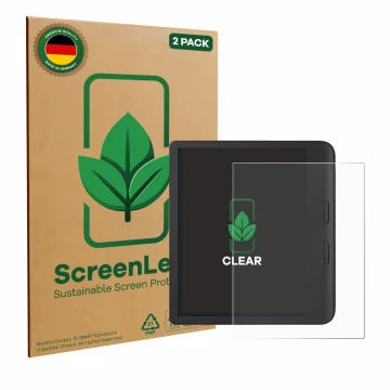 Vorderseite einer Produktverpackung mit dem Markenlogo ScreenLeaf. Daneben ist das Gerät Tolino Vision Color 2024 mit dem zuge
