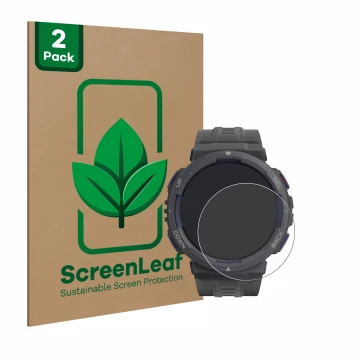 Vorderseite einer Produktverpackung mit dem Markenlogo ScreenLeaf. Daneben ist das Gerät Amazfit Active Edge mit dem zugehörig